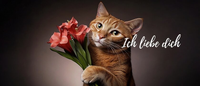 S&uuml;&szlig;e Katze h&auml;lt Blumenstrau&szlig; mit Ich liebe dich Botschaft