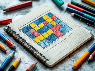 Colorful Sketch on Notebook Surrounded by Art Supplies and Pencils
