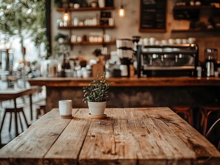 Cozy Wooden Table in Front of Blurred Coffee Shop Background