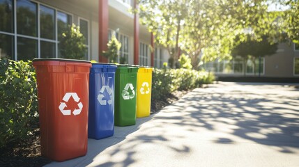 Colorful Recycling Bins in Bright Schoolyard Setting
