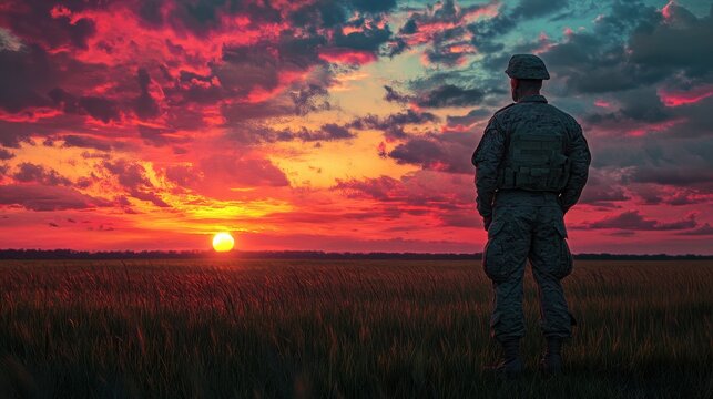 A soldier in uniform stands in an open field watching a vibrant sunset, symbolizing peace, reflection, and the quiet moments in military life.