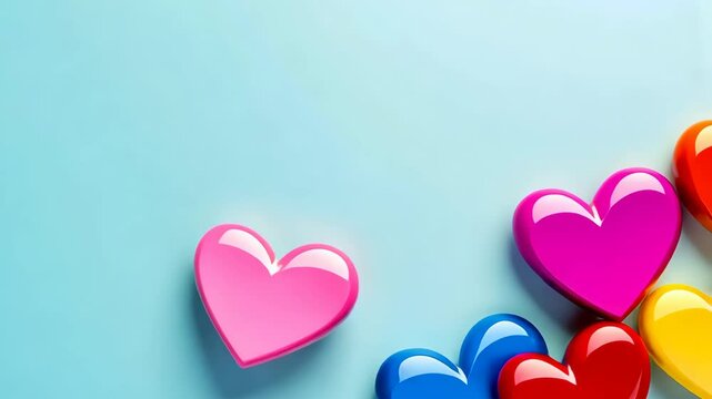 Blue background with a bunch of hearts in different colors. The hearts are arranged in a way that they are all facing the same direction. Concept of love and unity, as the hearts are all connected