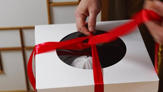 Female hands untie red ribbon and open a white cake box for a little girl's birthday. ordering and delivery of desserts for the holidays.