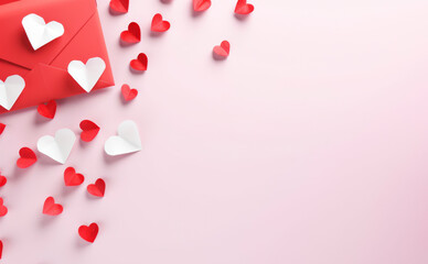 Fondo rosa con un sobre rojo y recortes de corazones de papel.