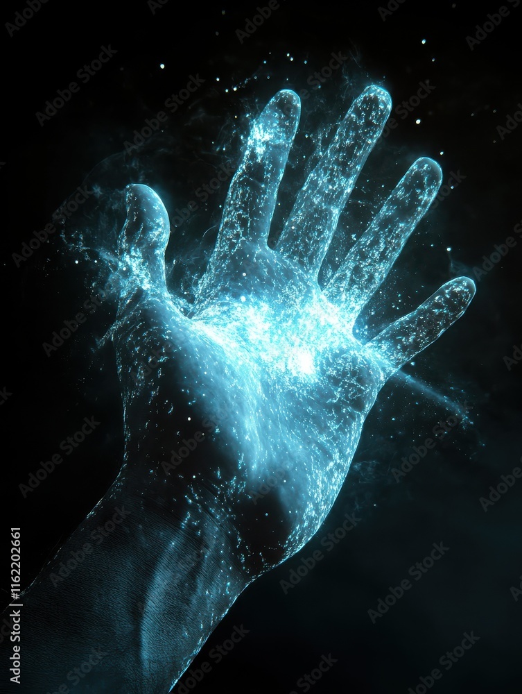 Poster hand using glowing cloud interface on dark background. cloud computing and innovation concept. multi