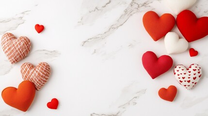 A collection of vibrant fabric hearts in shades of red, orange, and white arranged on a white marble surface. The soft textures and warm colors make this image ideal for Valentine’s Day, romantic, or 