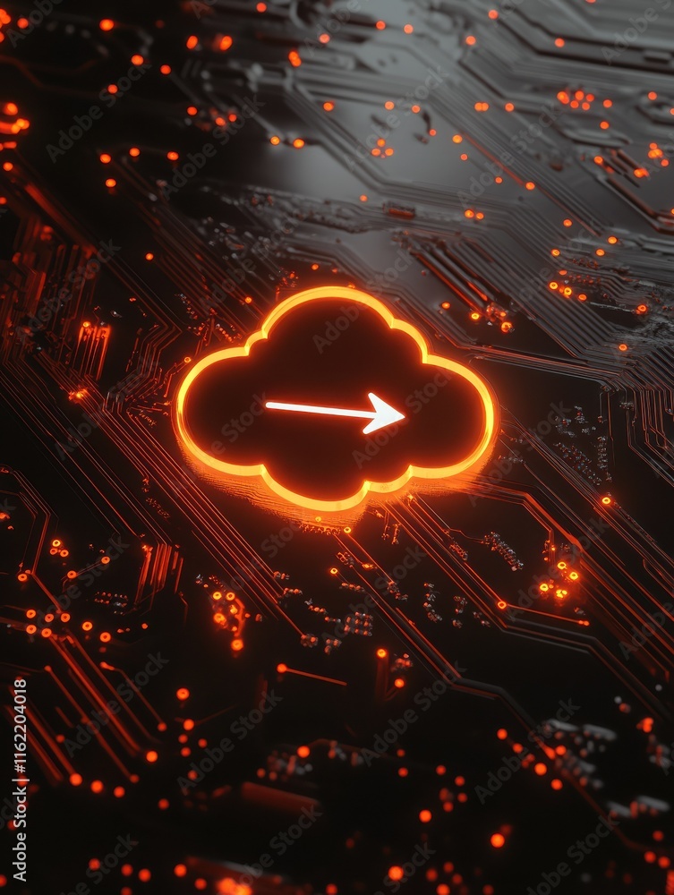 Poster cloud computing concept with bright digital cloud icon with arrow surrounded by microcircuit lines o