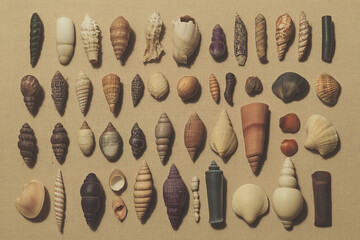 A collection of seashells arranged on a sandy surface, each one unique in shape and color.