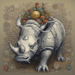 Pixel art of a rhino carrying a colorful fruit basket.