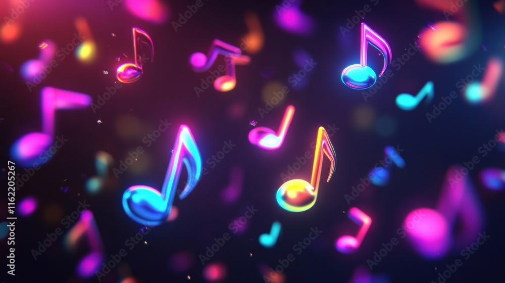 Poster Colorful 3D music notes floating in a vibrant space filled with bright lights. Generative AI