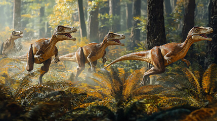 Obraz premium Velociraptors playfully chase each other through a lush prehistoric forest filled with ferns and towering trees