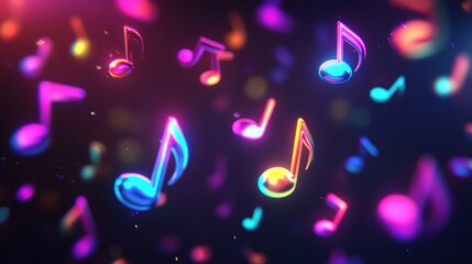 Colorful 3D music notes floating in a vibrant space filled with bright lights. Generative AI
