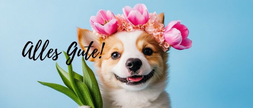 Niedlicher CorgiWelpe mit Tulpenkranz  Fr&ouml;hliches Oster oder Fr&uuml;hlingsfoto