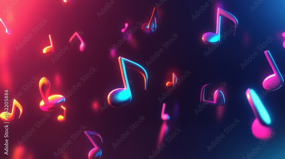 Aufkleber Colorful 3D music notes floating in a vibrant abstract background filled with energetic lighting effects and bold colors. Generative AI