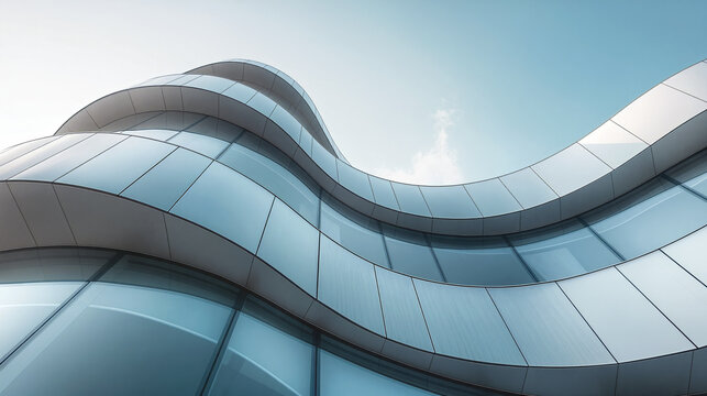 A stunning glass building displays a unique wavy design that reflects sunlight, standing against a bright blue sky with soft clouds - Generative AI