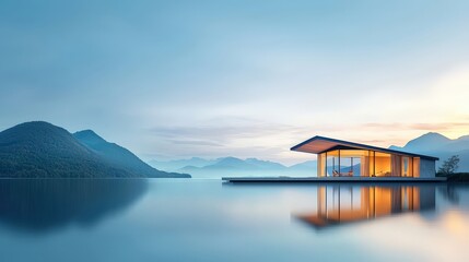 Obraz premium Modern Lake House at Dusk with Serene Landscape