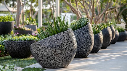 Modern black stone planters with succulents and flowers in a garden setting.