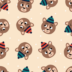 Cute bears in colorful hat hand drawn vector illustration. Funny winter animal character for kids fabric or wallpaper.