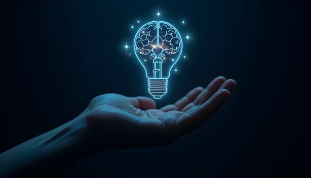 A hand and the glowing lightbulb symbolizing the human mind's capacity for innovation and discovery.