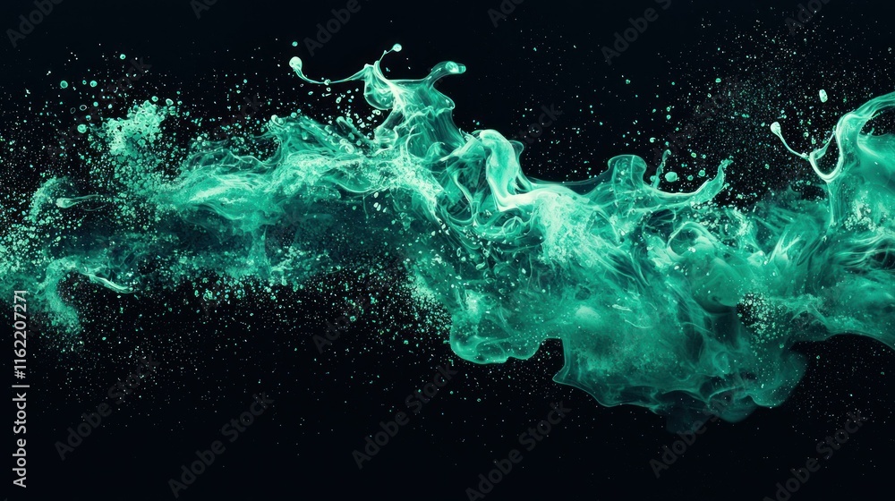 Poster abstract teal fluid with splashes on a dark background.