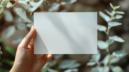 Obraz premium Hand Holding Blank Card Mockup Against Natural Green Foliage Background