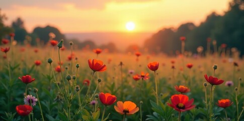 Softly glowing wildflowers in the foreground amidst a hazy meadow landscape at sunset, nature, fields