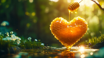 Golden honey heart dripping serene nature scene artistic photography tranquil environment close-up perspective sweetness concept