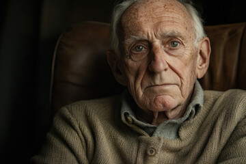 Obraz premium A pensive elderly man sits in a leather chair, his face etched with the passage of time and life experiences.
