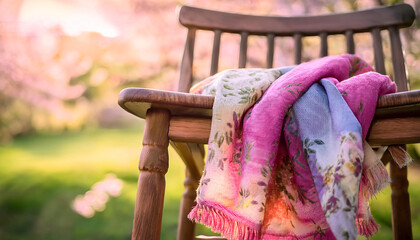 Bright sunlight bathes a vintage wooden chair adorned with a cheerful floral scarf, capturing the essence of spring. The surrounding blossoms create a joyful atmosphere
