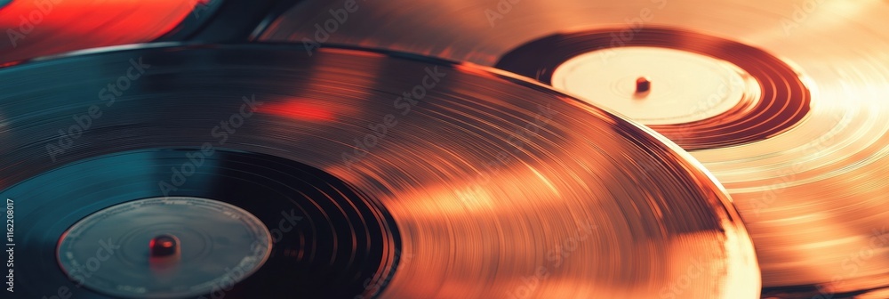Aufkleber Vintage vinyl records resting on a surface with warm lighting and space for text creation. Generative AI
