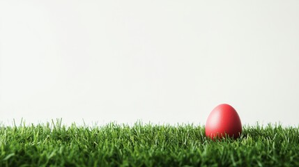 Red easter egg on green grass lawn, artificial setting with blank white background for versatile seasonal imagery