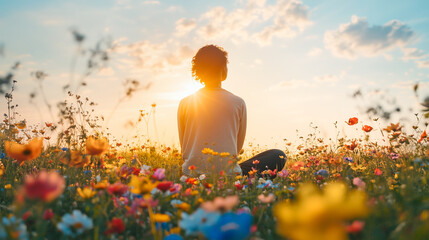 silhouette of woman yoga practice outdoor,  spring flower meadow at sunrise