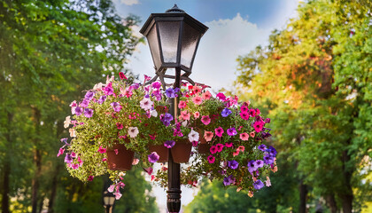 A beautifully crafted wrought iron lamppost stands tall in a park, showcasing vibrant hanging baskets filled with blooming petunias in stunning shades of purple