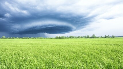 Obraz premium Stormy Sky Over Lush Green Rice Paddy Field