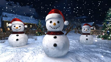 Fototapeta premium A Magical Christmas Eve: Three Snowmen in a Winter Wonderland