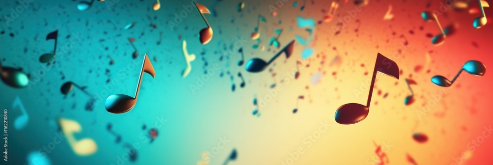 Poster Dynamic 3D music notes floating in a vibrant gradient background showcasing an artistic representation of sound. Generative AI