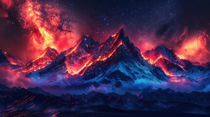 Fiery volcanic mountain range at night under a starry sky.