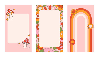 Trendy stories templates for social media. Set of vertical frames with groovy retro 70s design. Backgrounds with daisy flowers, rainbow, fly agaric mushrooms. Hippie boho wallpapers