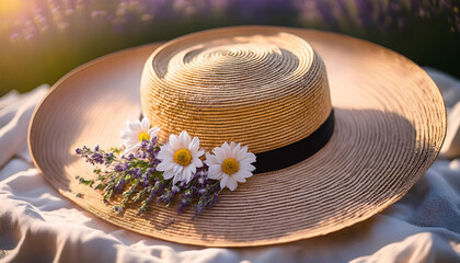 Sunlight filters gently over a wide brimmed straw hat decorated with vibrant flowers, resting gracefully on a soft white linen cloth. This perfect spring setting evokes joy and warmth