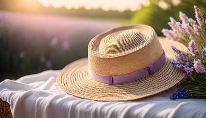A wide brimmed straw hat adorned with vibrant flowers rests gracefully on a white linen cloth. The soft sunlight enhances the cheerful spring atmosphere, inviting relaxation and joy