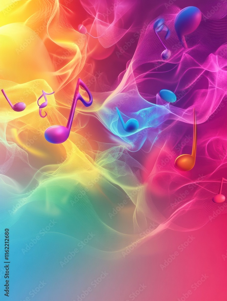 Fototapete Colorful 3D music notes floating in a vibrant abstract background with swirling hues and dynamic patterns. Generative AI