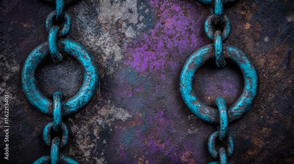 Poster teal chains on rusted metal background texture