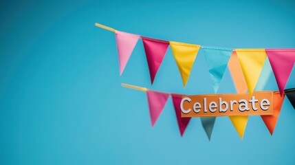 Colorful festive bunting with the word "Celebrate" against a bright blue background, perfect for party decorations and celebrations.