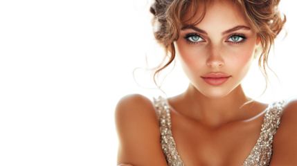 portrait of a beautiful young woman with blue eyes and curly hair in a dress 
