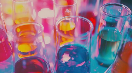 Colorful laboratory glassware filled with various liquids.