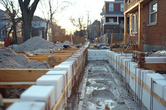 Residential foundation construction site with insulated concrete forms, ideal for housing development, architectural planning, and construction tutorials
