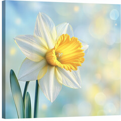 A breathtaking macro photograph of a single, vibrant daffodil (Osterglocke). The flower glows under bright sunlight, with