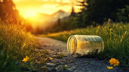 Fototapeta premium Scenic Mountain Trail at Golden Hour with Glass Jar