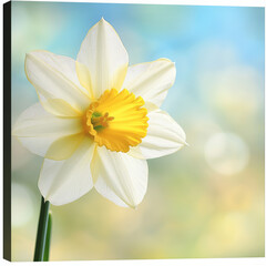 A breathtaking macro photograph of a single, vibrant daffodil (Osterglocke). The flower glows under bright sunlight, with