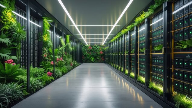 Modern Server Room with Lush Green Walls and Plants